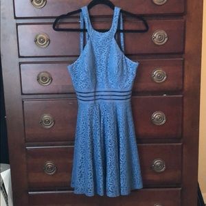 Blue flower lace dress with three strips of mesh